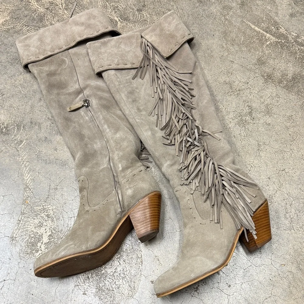 * Sam Edelman Over the Knee Fringe Boots - Gray